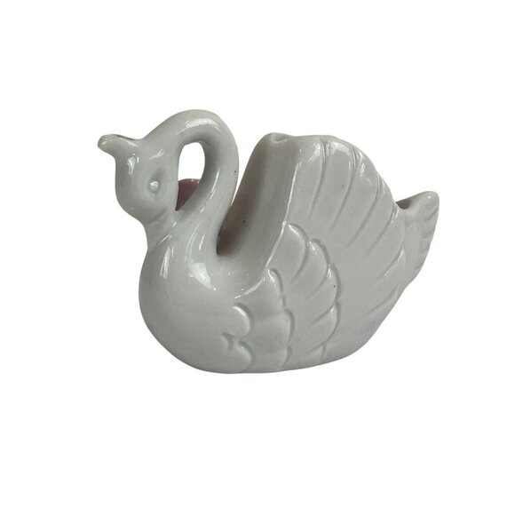 Vintage Mini White Swan Ceramic Planter Trinket Dish Pink Ceramic Roses Japan 2" - Picture 3 of 11